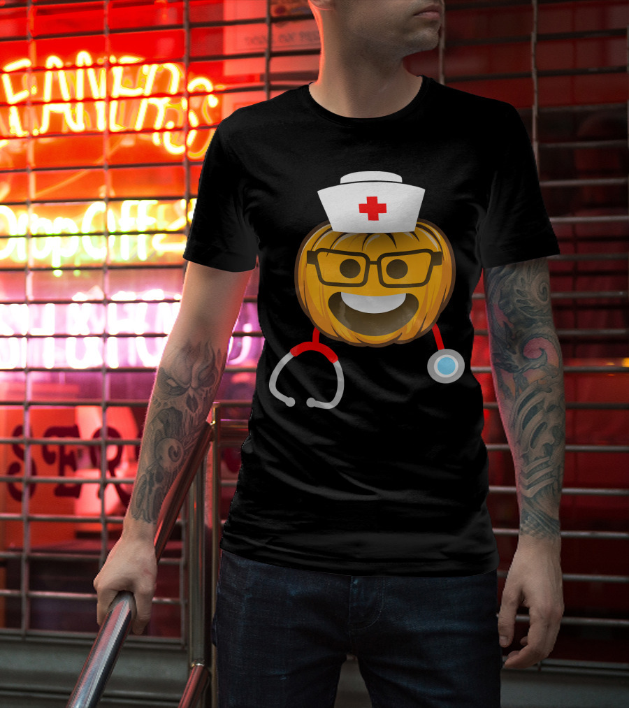 Nurse Halloween Pumpkin Emoji With Nerd Glasses And Stethoscope T-Shirt