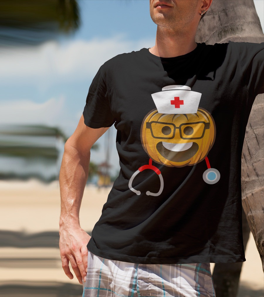 Nurse Halloween Pumpkin Emoji With Nerd Glasses And Stethoscope T-Shirt