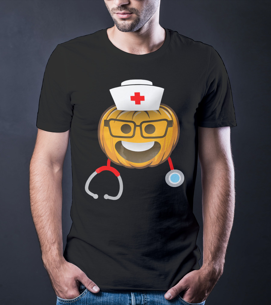 Nurse Halloween Pumpkin Emoji With Nerd Glasses And Stethoscope T-Shirt