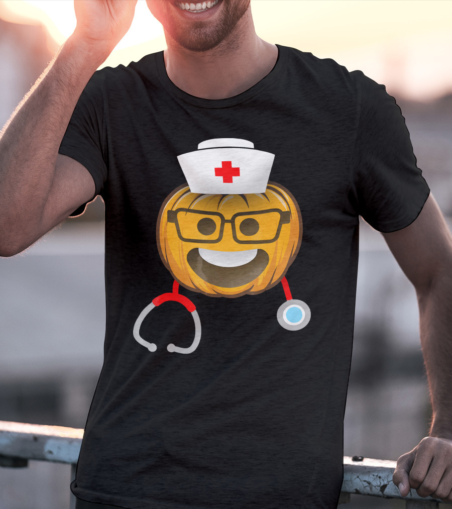 Nurse Halloween Pumpkin Emoji With Nerd Glasses And Stethoscope T-Shirt