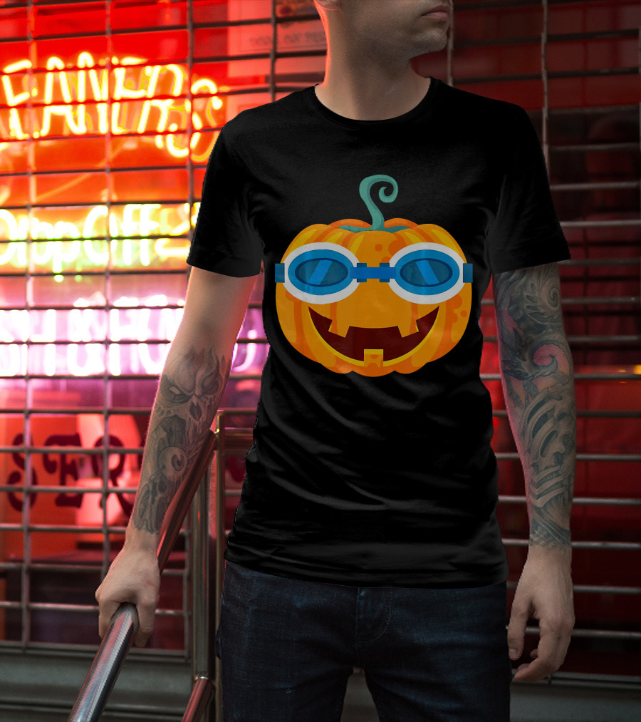Swimming Pumpkin With Goggles Funny Halloween T-Shirt
