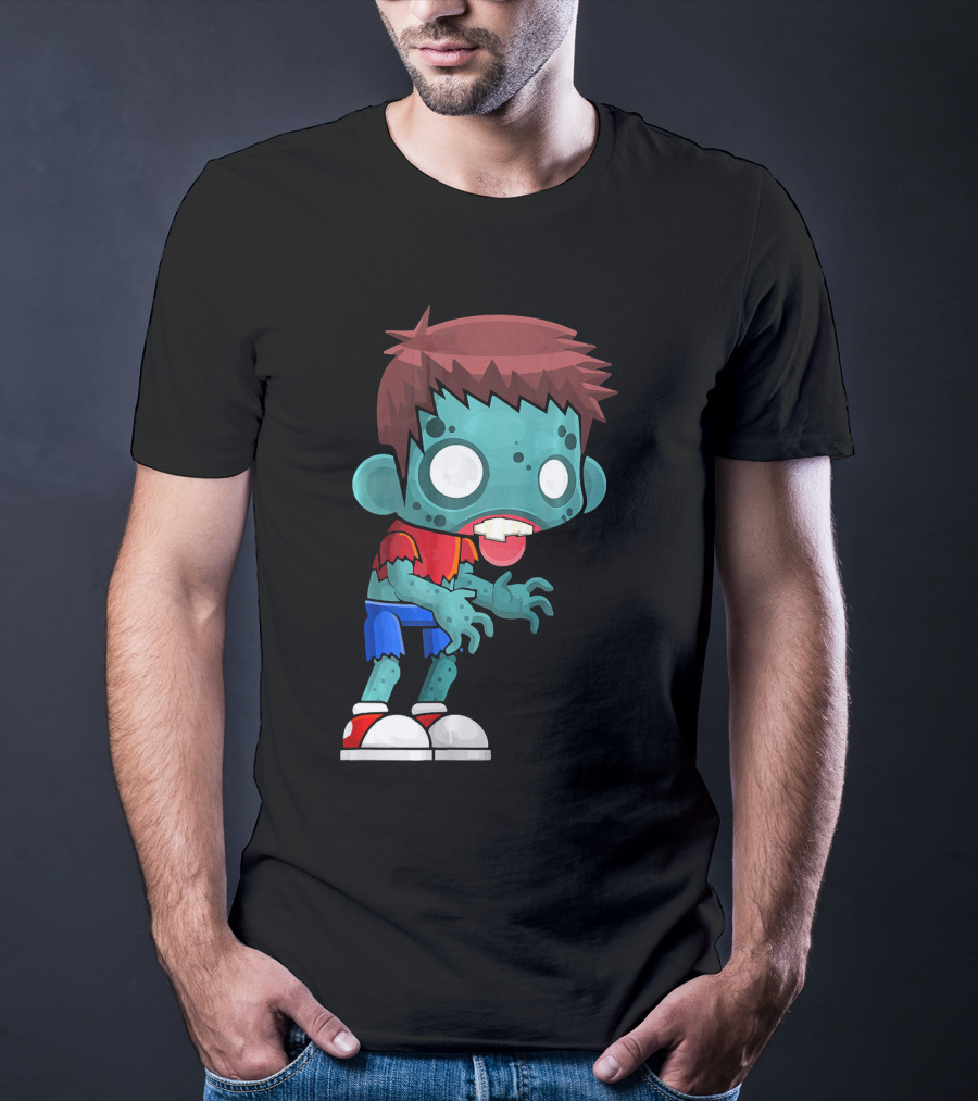 Zombie Boy Cartoon Character With Red Shirt And Blue Shorts T-Shirt