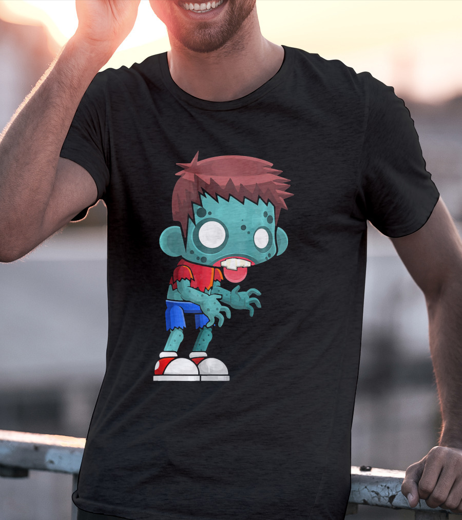 Zombie Boy Cartoon Character With Red Shirt And Blue Shorts T-Shirt