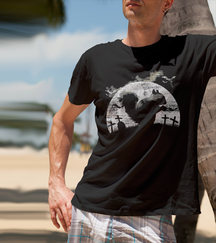 Halloween Squirrel Graveyard Silhouette With Full Moon And Bats T-Shirt