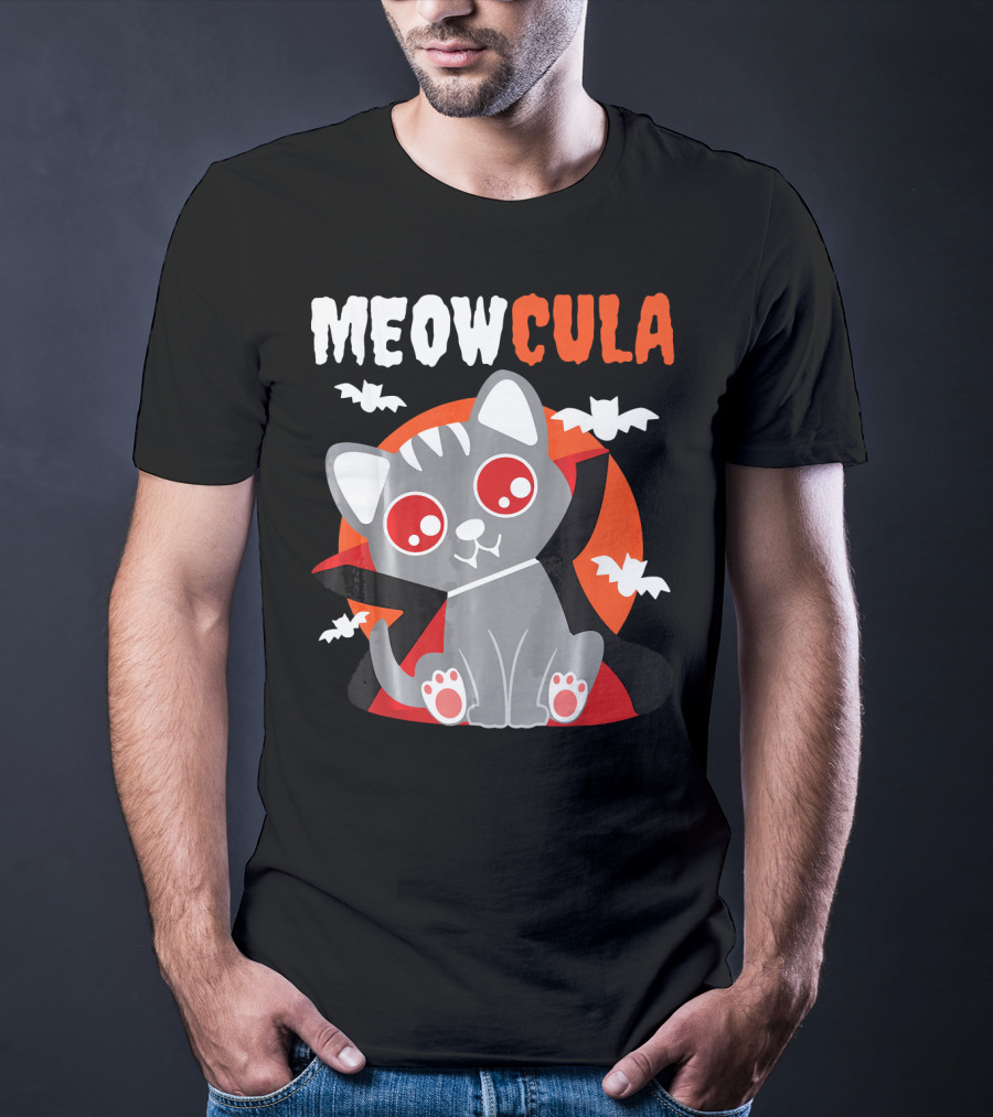 MEOWCULA Vampire Cat Halloween Dracula Bats T-Shirt