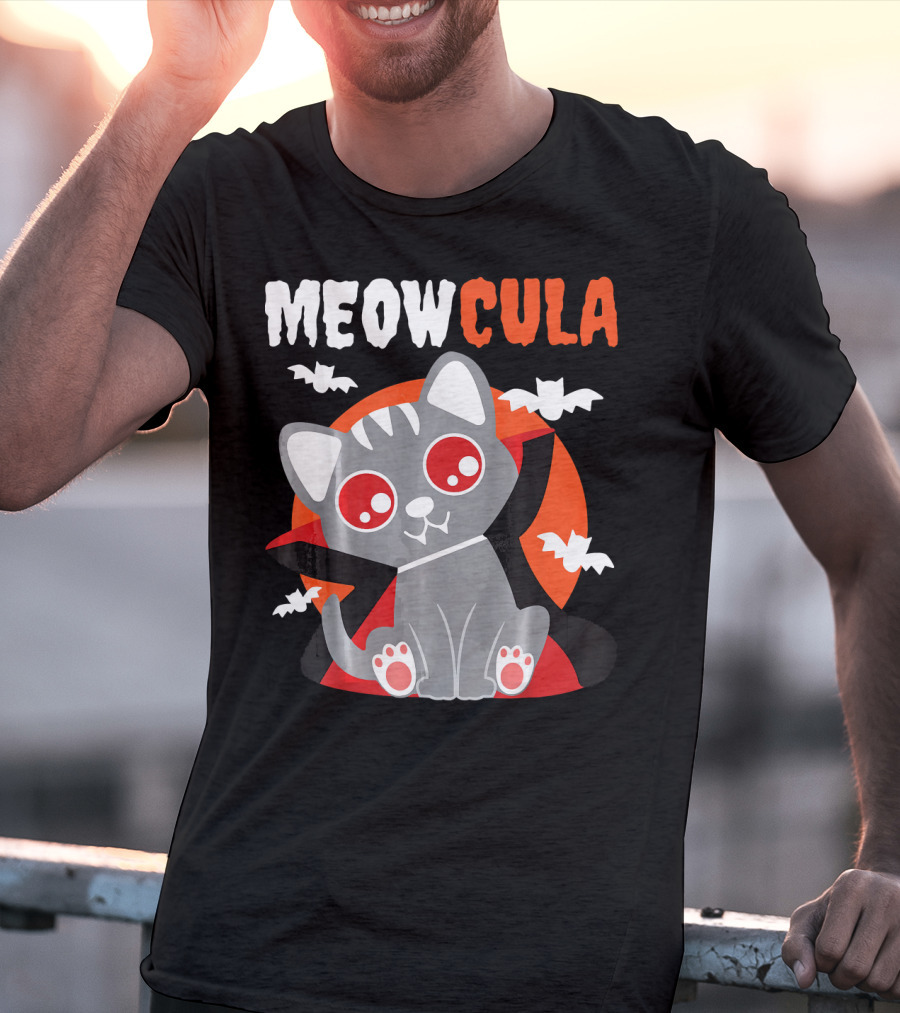 MEOWCULA Vampire Cat Halloween Dracula Bats T-Shirt