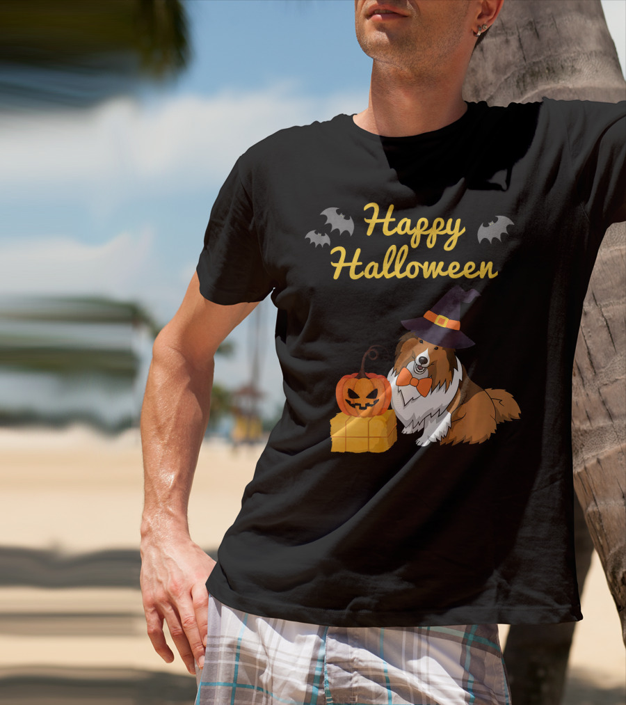 Happy Halloween Cute Sheltie With Witch Hat Pumpkins And Bats T-Shirt