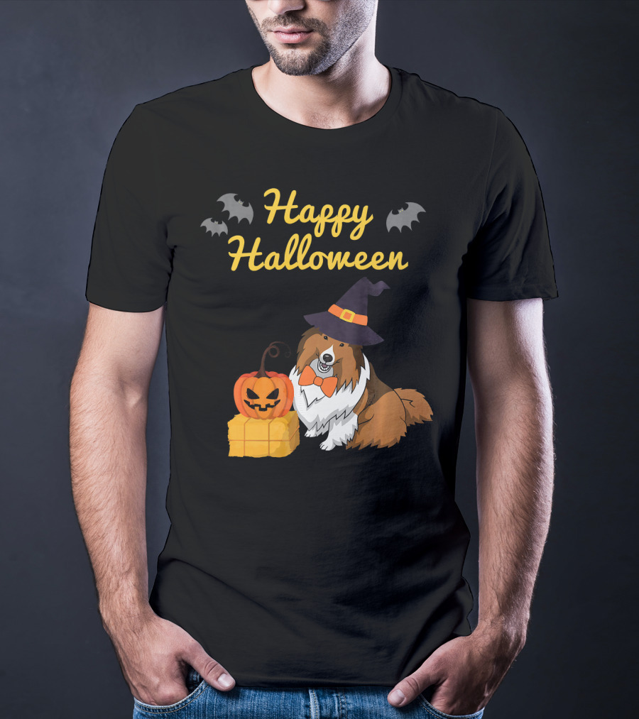 Happy Halloween Cute Sheltie With Witch Hat Pumpkins And Bats T-Shirt