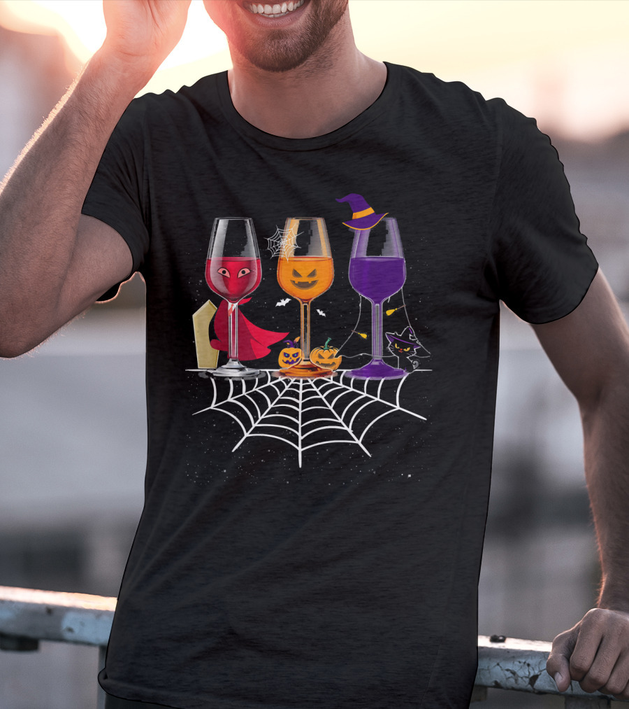 Halloween Wine Glasses Witch Vampire Pumpkin Cat Spiderweb T-Shirt