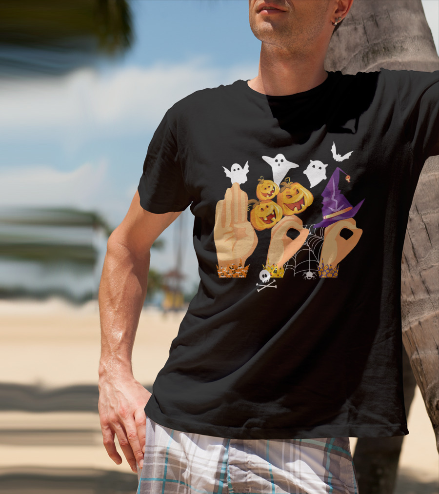 ASL Boo Sign Language Ghosts Pumpkins Witch Hat Halloween T-Shirt