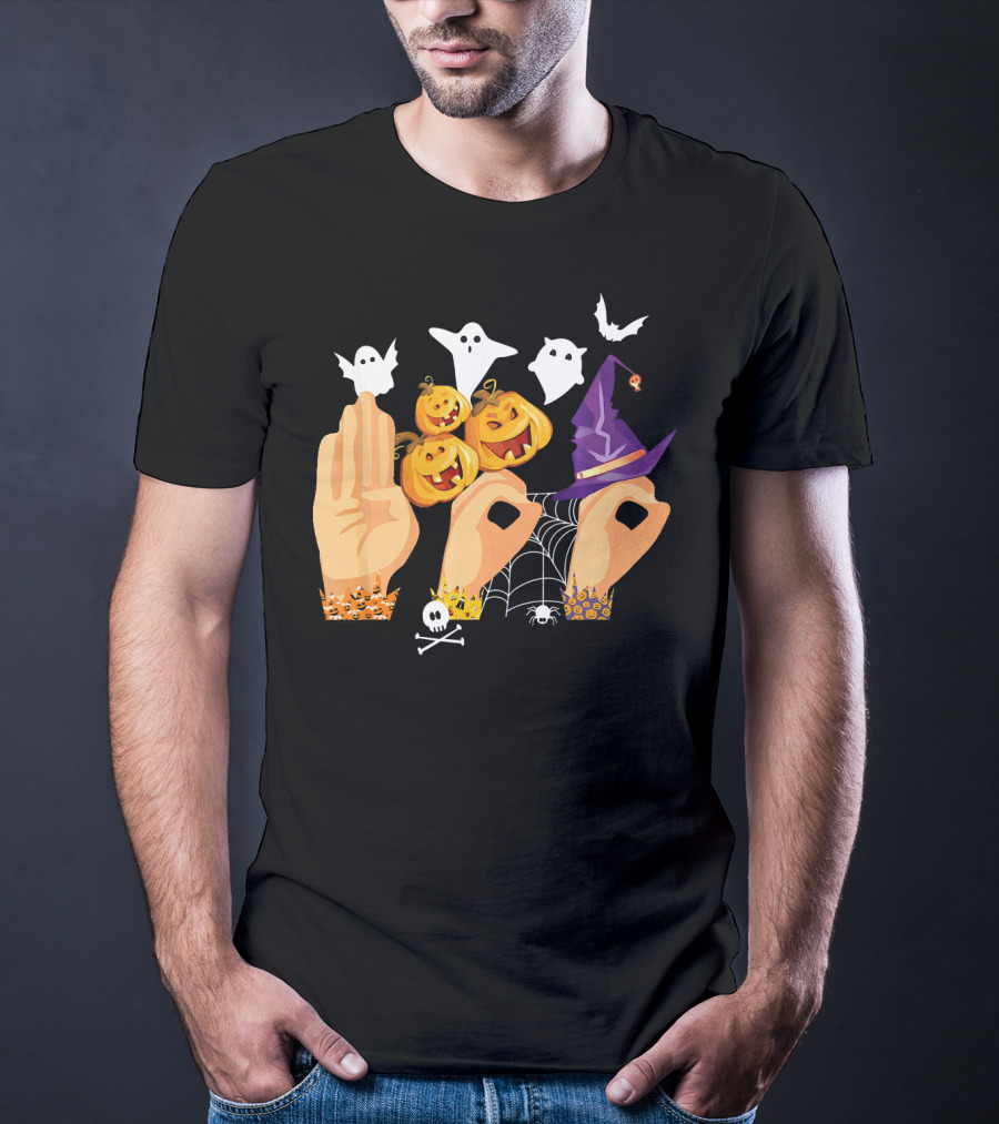 ASL Boo Sign Language Ghosts Pumpkins Witch Hat Halloween T-Shirt
