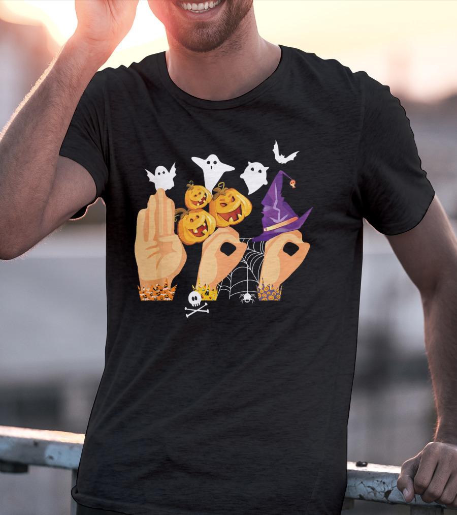 ASL Boo Sign Language Ghosts Pumpkins Witch Hat Halloween T-Shirt