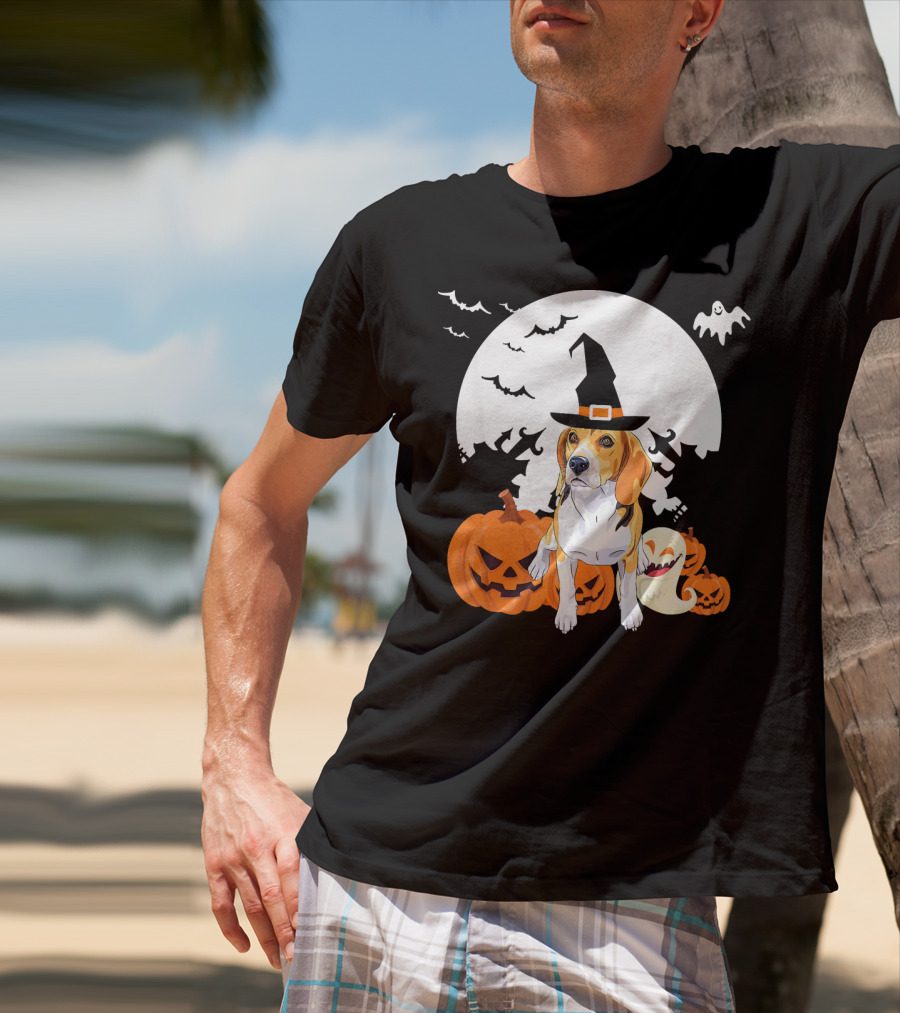Happy Halloween Witch Beagle With Pumpkins And Ghosts T-Shirt