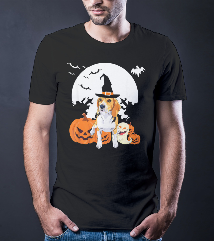 Happy Halloween Witch Beagle With Pumpkins And Ghosts T-Shirt