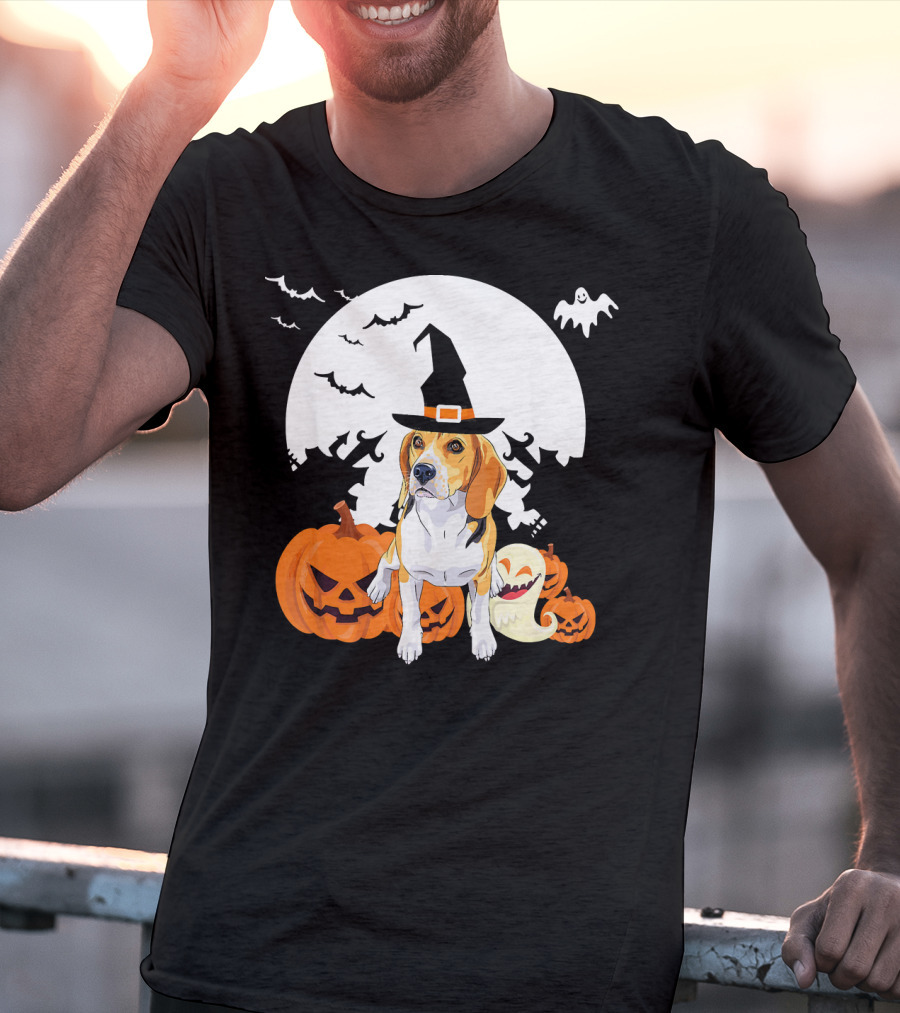 Happy Halloween Witch Beagle With Pumpkins And Ghosts T-Shirt