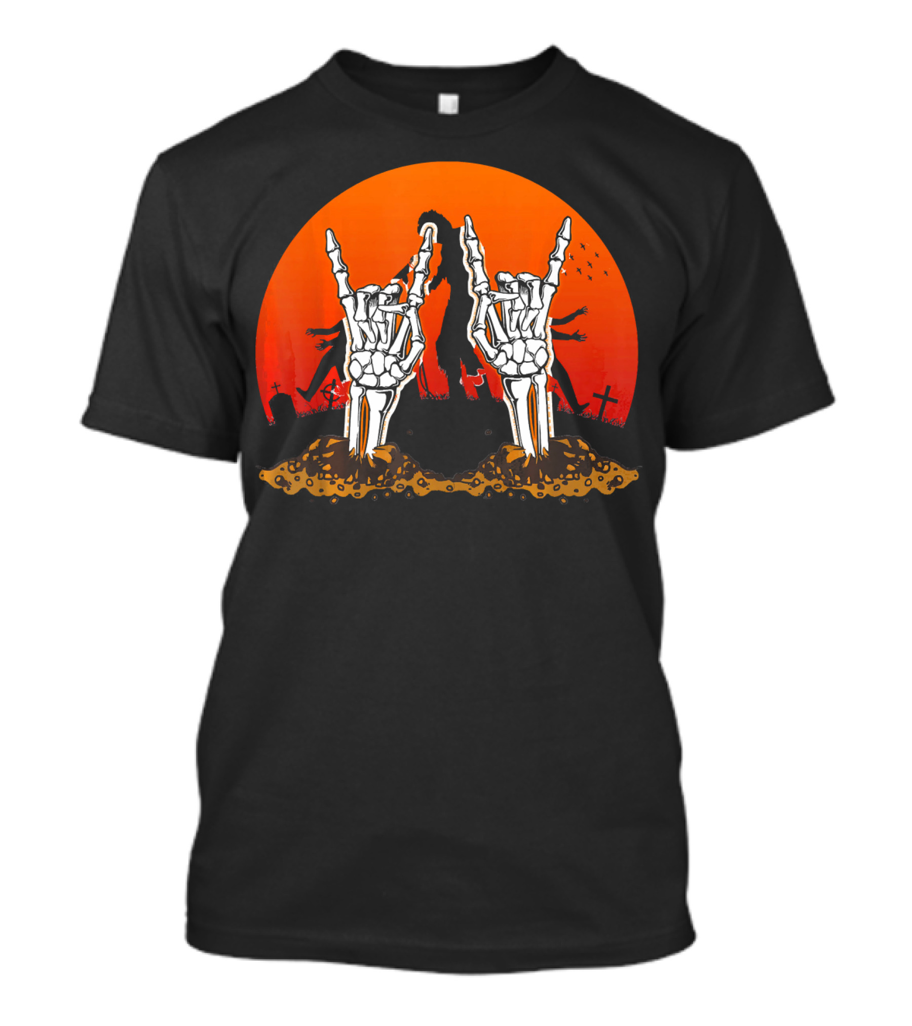 Halloween Skeleton Rocker Graveyard Sunset With Rock Hands T-Shirt
