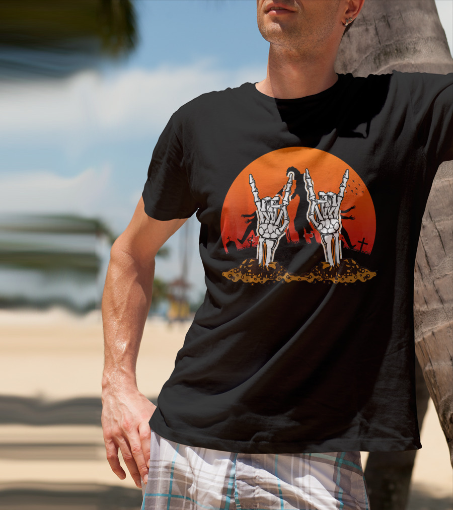 Halloween Skeleton Rocker Graveyard Sunset With Rock Hands T-Shirt