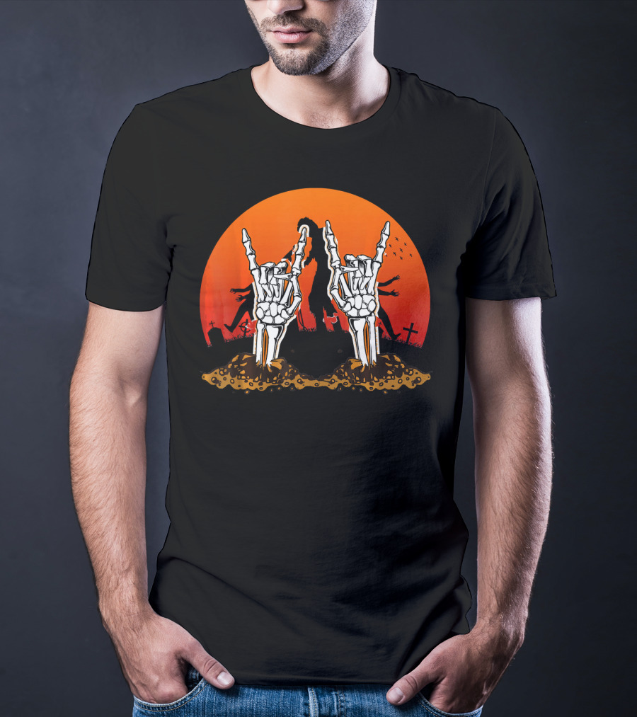Halloween Skeleton Rocker Graveyard Sunset With Rock Hands T-Shirt