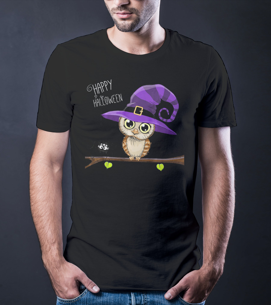Happy Halloween Owl In Purple Witch Hat With Spider On Branch T-Shirt