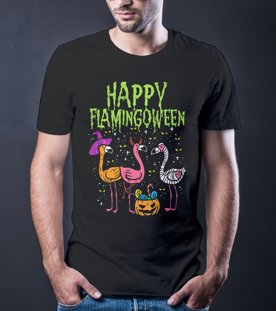 Happy Flamingoween Witch, Devil, Mummy Flamingo Halloween Pumpkin Candy T-Shirt