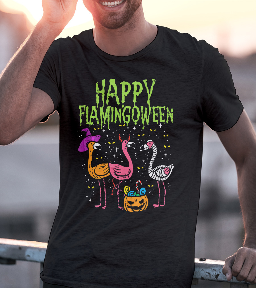 Happy Flamingoween Witch, Devil, Mummy Flamingo Halloween Pumpkin Candy T-Shirt