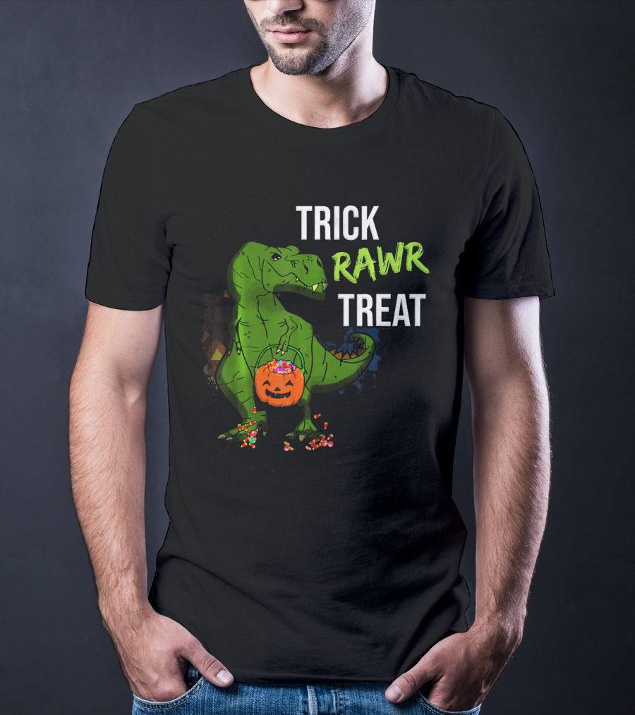 Trick Rawr Treat Halloween Rex Dinosaur With Candy And Pumpkin T-Shirt