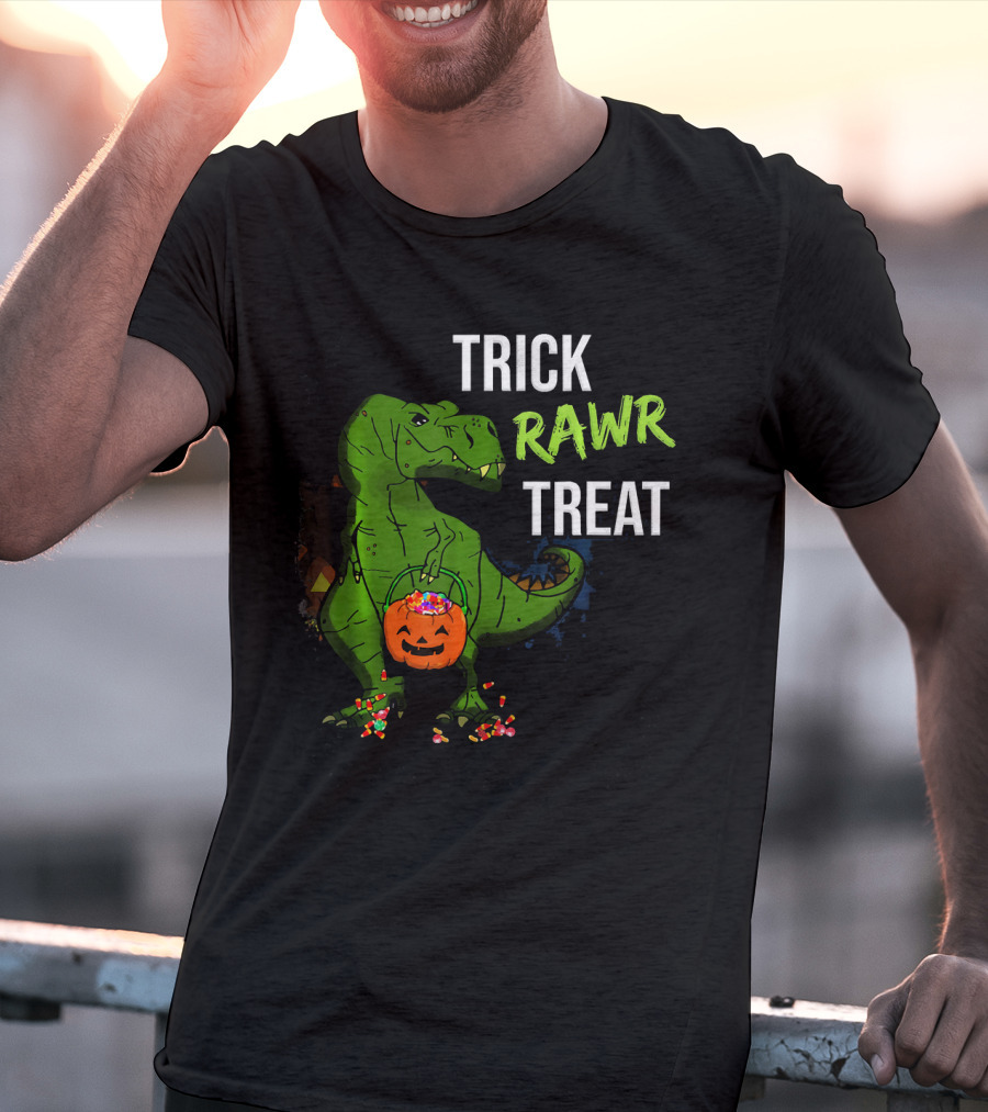 Trick Rawr Treat Halloween Rex Dinosaur With Candy And Pumpkin T-Shirt