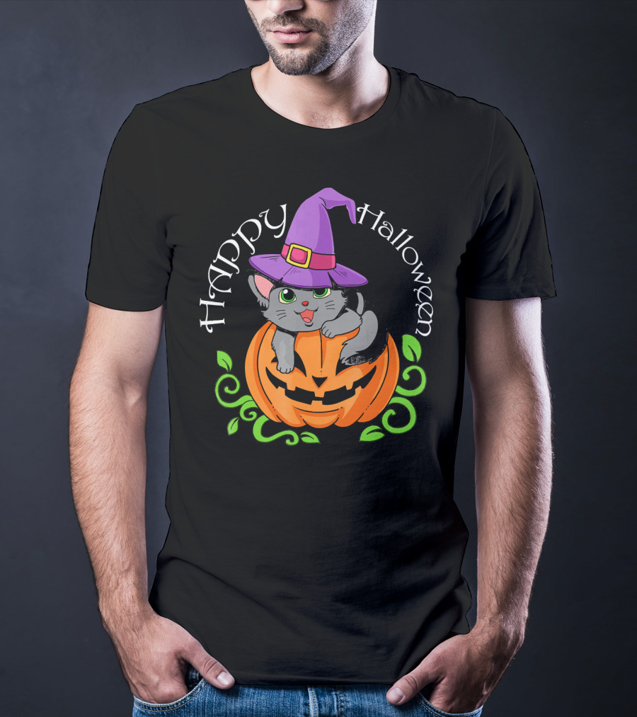 Happy Halloween Cat In Witch Hat On Pumpkin T-Shirt