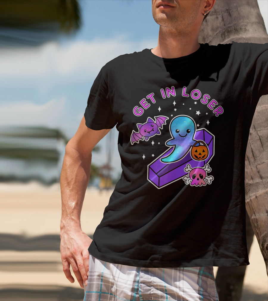 Get In Loser Kawaii Pastel Goth Halloween Ghost Coffin With Bat And Pumpkin T-Shirt