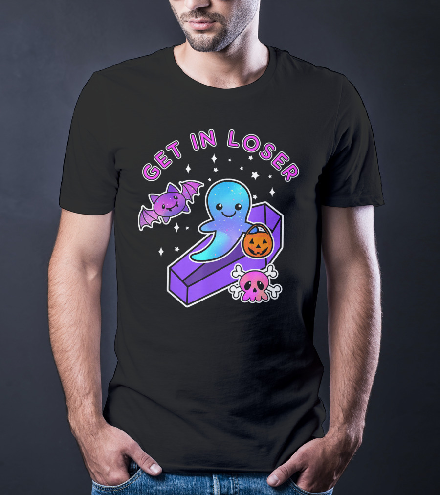Get In Loser Kawaii Pastel Goth Halloween Ghost Coffin With Bat And Pumpkin T-Shirt