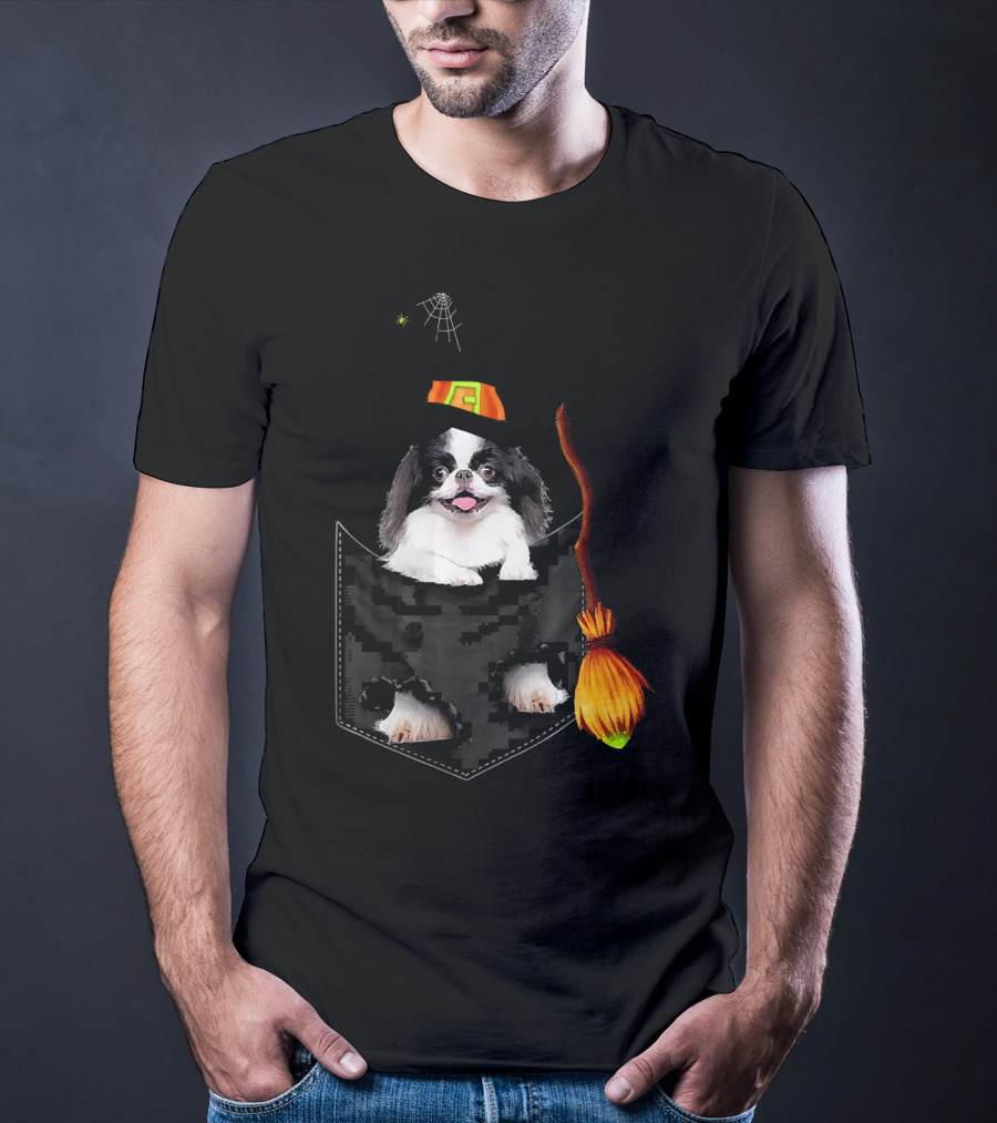 Japanese Chin Halloween Witch Hat Broom Pocket T-Shirt