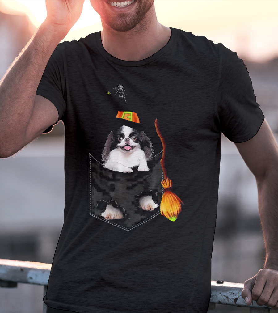 Japanese Chin Halloween Witch Hat Broom Pocket T-Shirt
