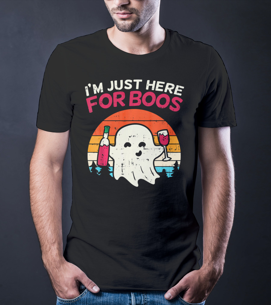I'm Just Here For Boos Retro Ghost Wine Vintage T-Shirt