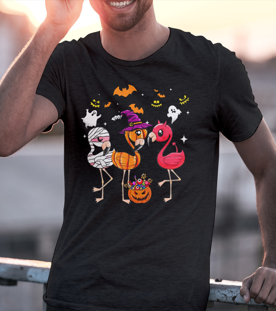 Funny Flamingo Halloween Costume Trio Mummy Witch Boo T-Shirt