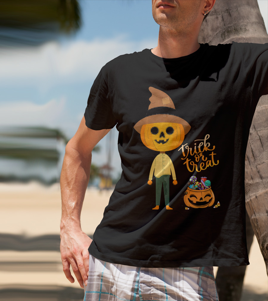 Trick Or Treat Funny Cute Halloween Pumpkin With Candy And Patchwork Hat T-Shirt