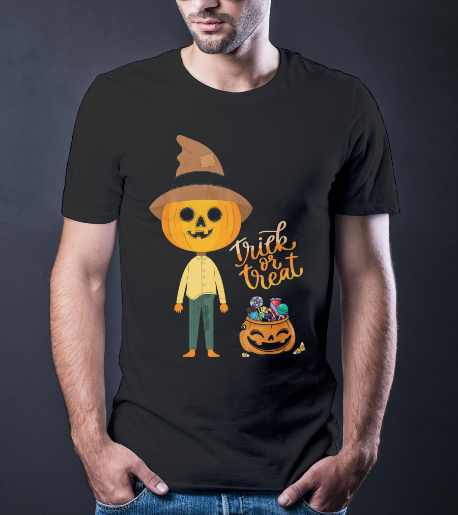 Trick Or Treat Funny Cute Halloween Pumpkin With Candy And Patchwork Hat T-Shirt