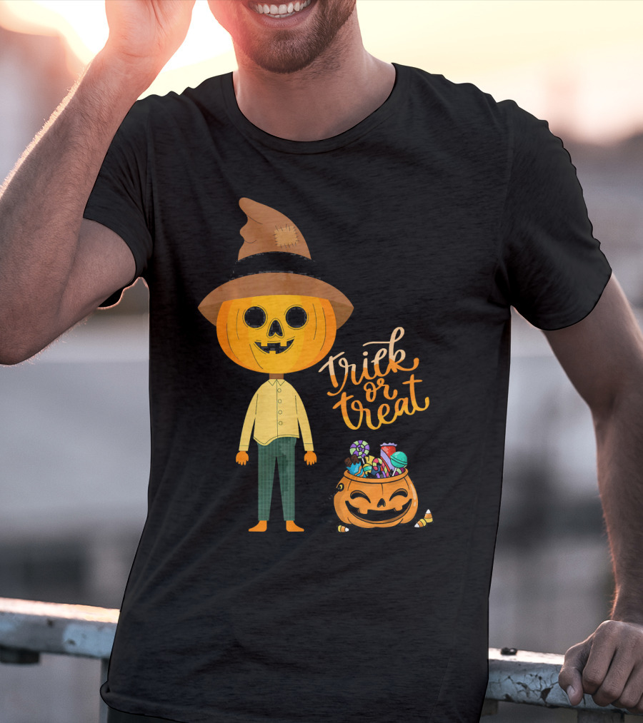 Trick Or Treat Funny Cute Halloween Pumpkin With Candy And Patchwork Hat T-Shirt