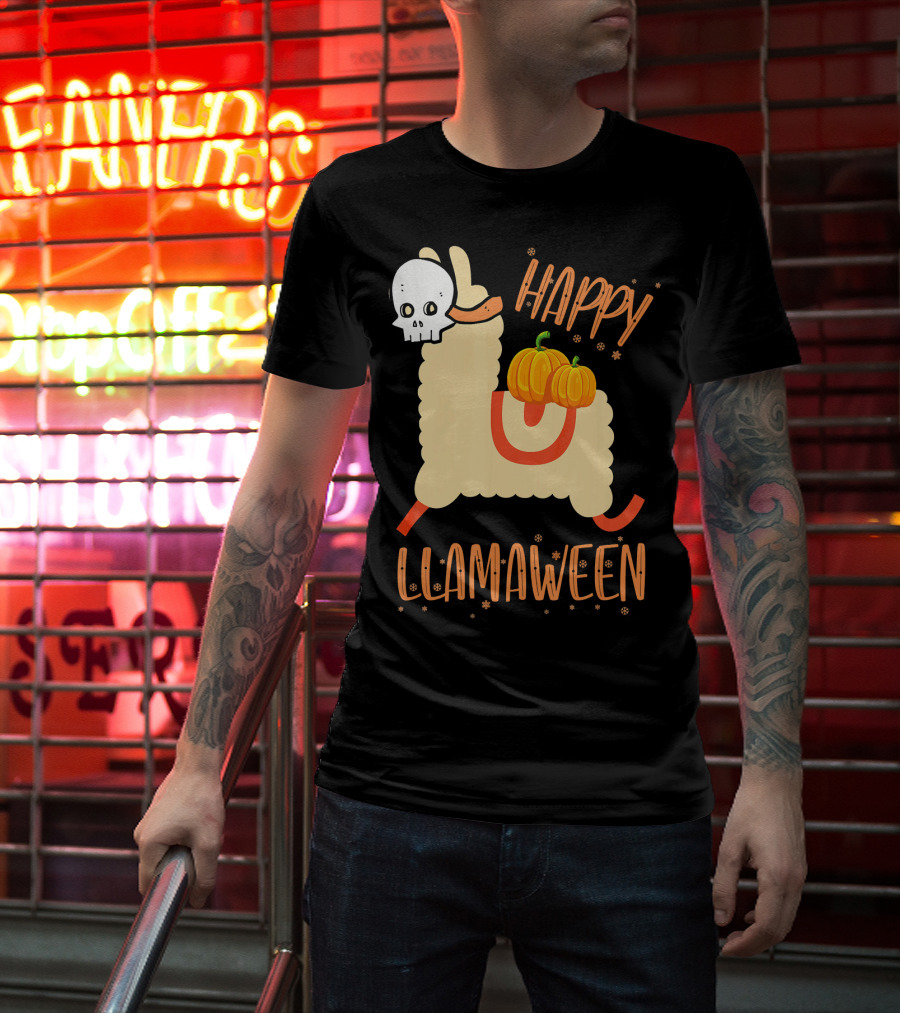 Happy Llamaween Funny Halloween Llama With Pumpkins T-Shirt
