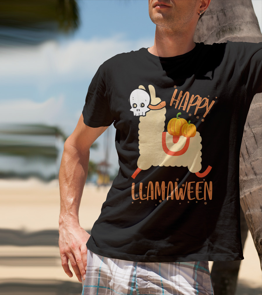 Happy Llamaween Funny Halloween Llama With Pumpkins T-Shirt
