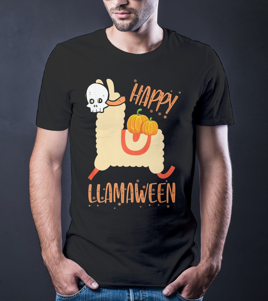 Happy Llamaween Funny Halloween Llama With Pumpkins T-Shirt
