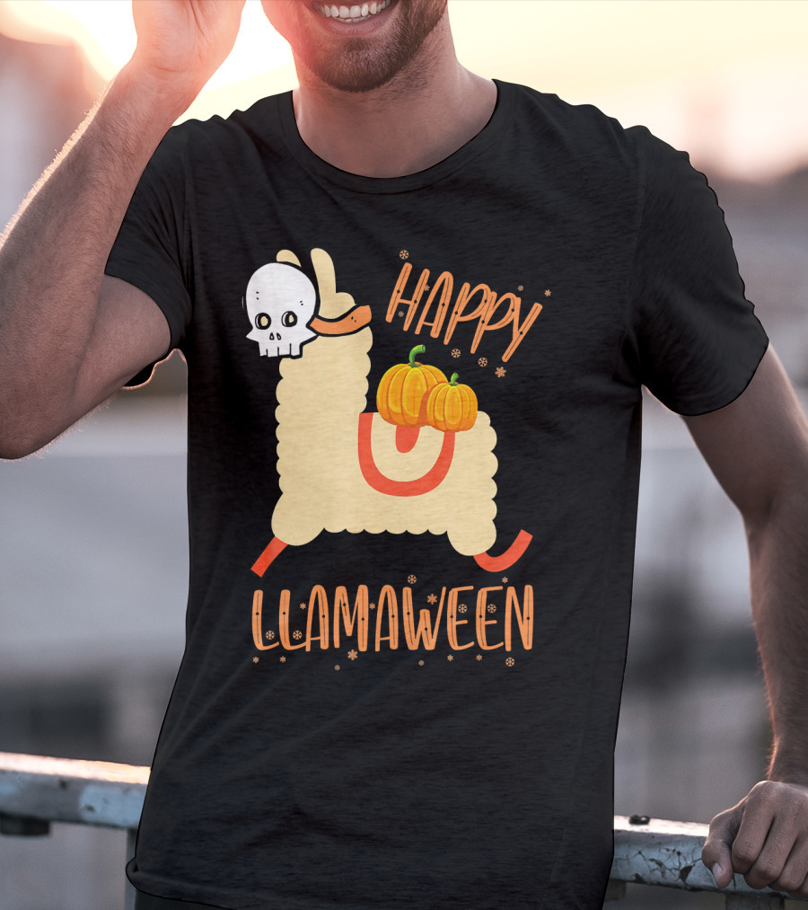 Happy Llamaween Funny Halloween Llama With Pumpkins T-Shirt