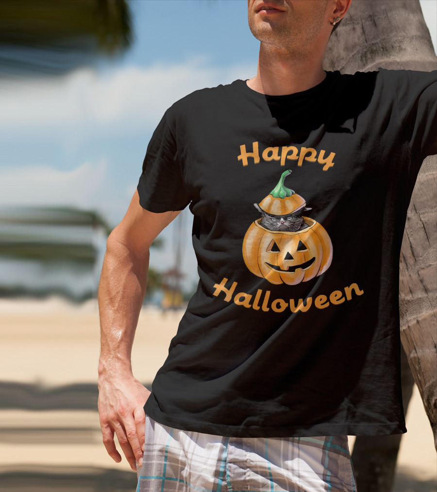 Happy Halloween Funny Cat In Pumpkin T-Shirt