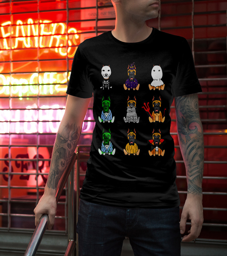 Great Dane Dog Lover Halloween Costume Grid Featuring Skeleton, Witch, Ghost, Frankenstein, Mummy, Devil, Dracula, And More T-Shirt