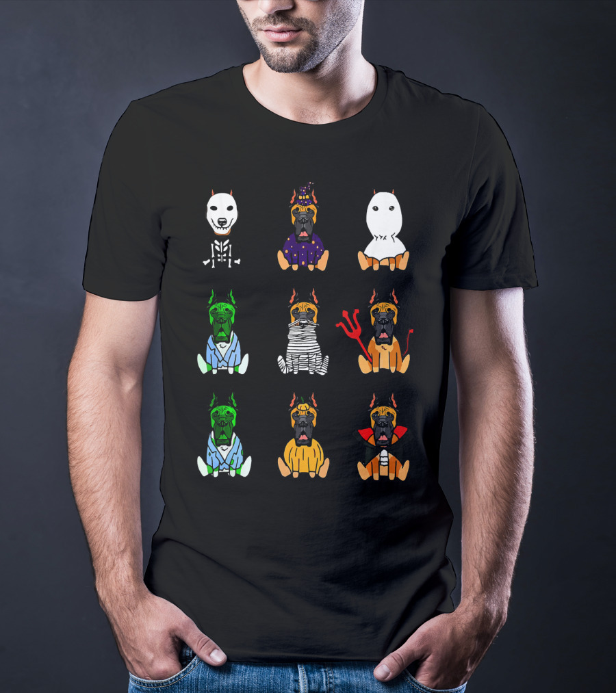 Great Dane Dog Lover Halloween Costume Grid Featuring Skeleton, Witch, Ghost, Frankenstein, Mummy, Devil, Dracula, And More T-Shirt