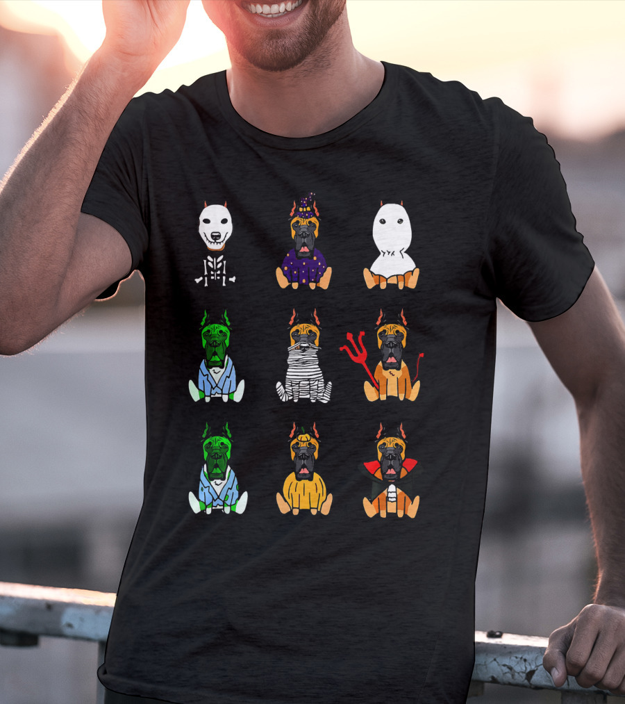 Great Dane Dog Lover Halloween Costume Grid Featuring Skeleton, Witch, Ghost, Frankenstein, Mummy, Devil, Dracula, And More T-Shirt