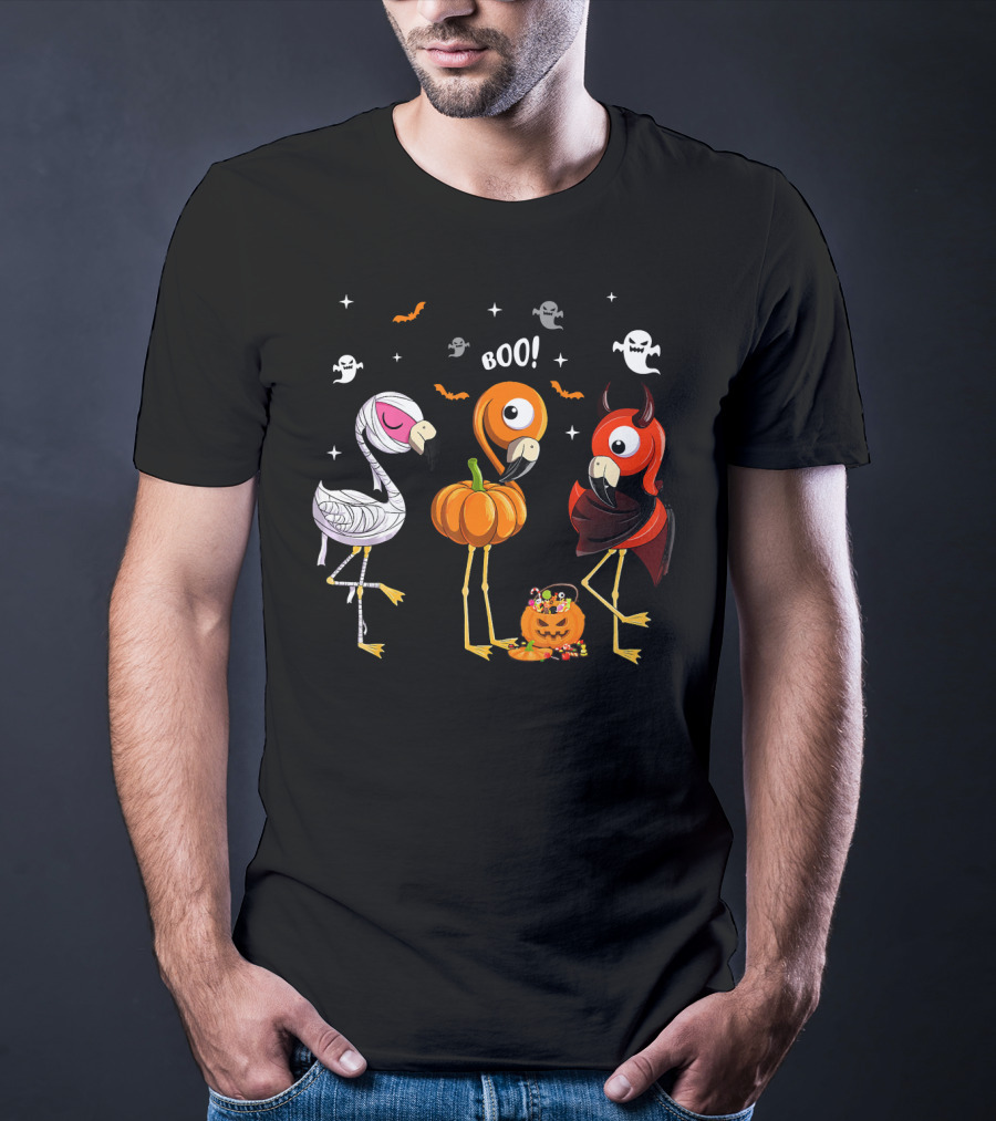 Funny Three Halloween Boo Flamingoes Pumpkin Ghosts T-Shirt