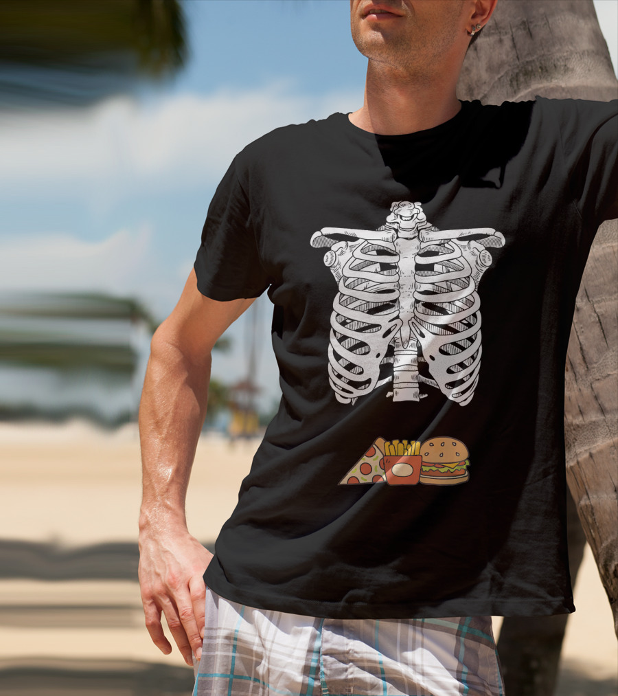 Skeleton Eating Pizza Fries And Burger T-Shirt