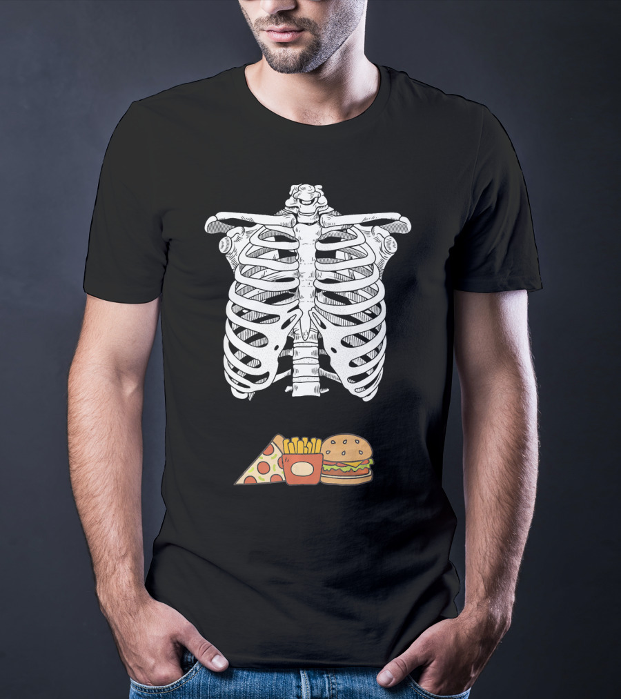 Skeleton Eating Pizza Fries And Burger T-Shirt