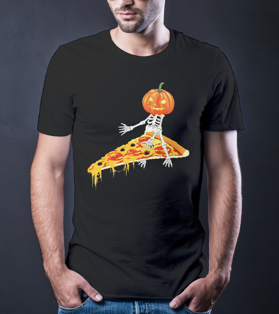 Pumpkin Head Skeleton Sitting On Pizza Slice With Pepperoni T-Shirt