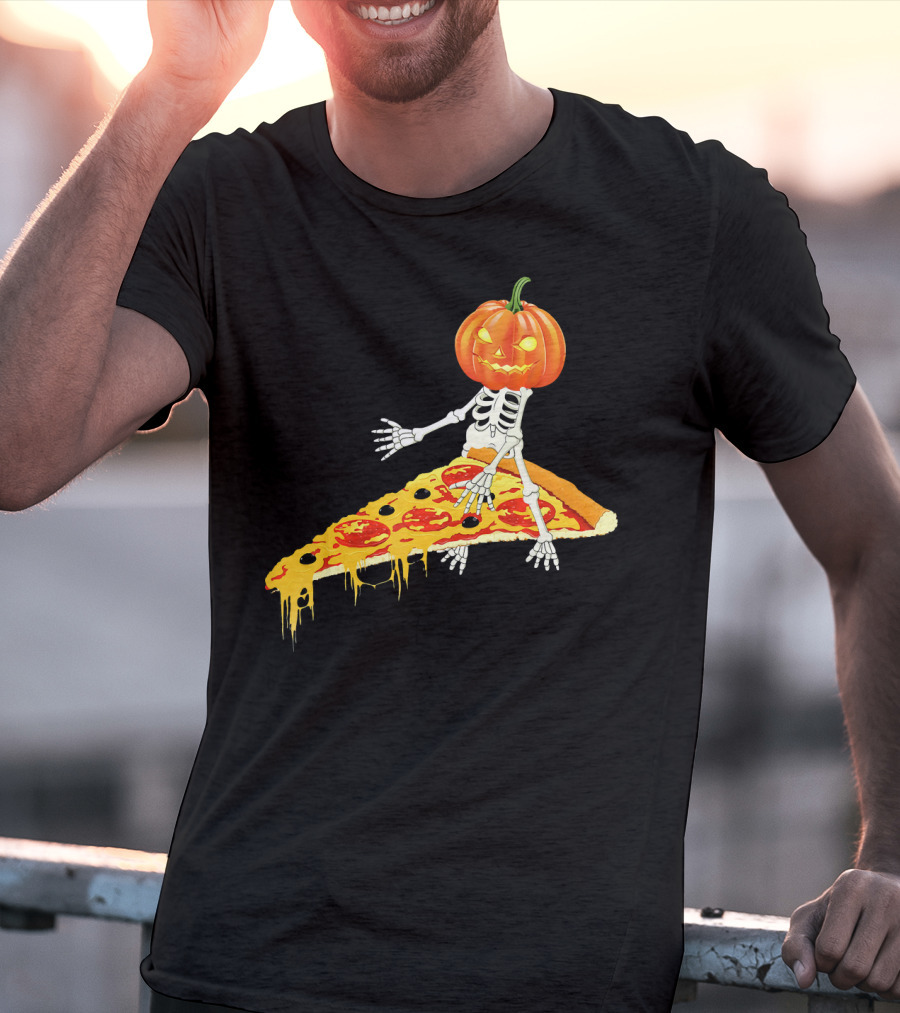 Pumpkin Head Skeleton Sitting On Pizza Slice With Pepperoni T-Shirt